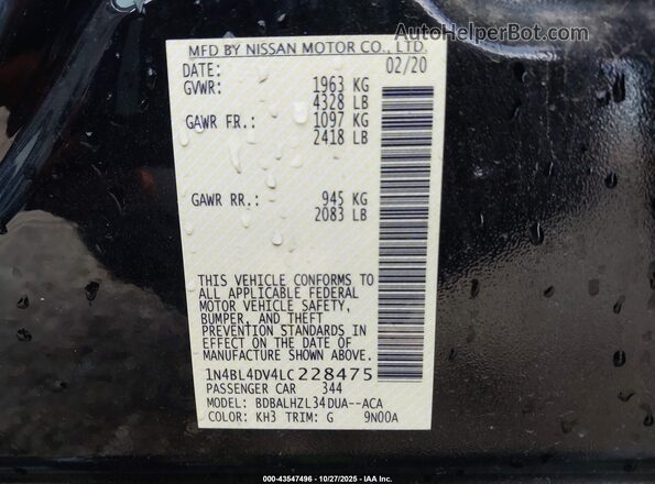 1N4BL4DV4LC228475 2020 NISSAN ALTIMA Black ძრავის განყოფილების ხედი