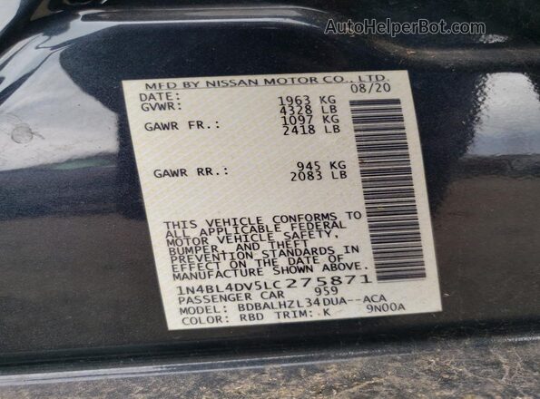 1N4BL4DV5LC275871 2020 NISSAN ALTIMA Black Vista de la etiqueta del VIN