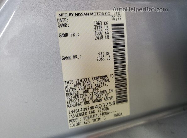 1N4BL4DV7NN403258 2022 NISSAN ALTIMA Серебряный Вид подкапотного пространства