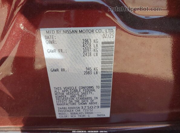 1N4BL4DVXSN375029 2025 NISSAN ALTIMA Maroon Widok komory silnika