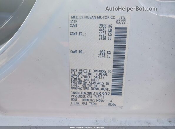 1N4BL4DW2NN358397 2022 NISSAN ALTIMA White Շարժիչի բաժամունքի տեսք