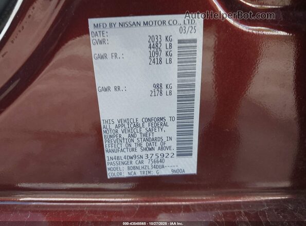1N4BL4DW9SN375922 2025 NISSAN ALTIMA Burgundy Vista del compartimento del motor