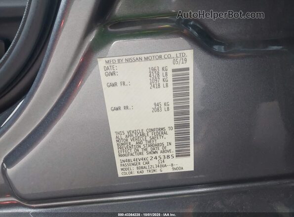 1N4BL4EV4KC245385 2019 NISSAN ALTIMA Серый Вид подкапотного пространства