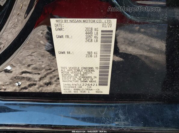 1N4BL4FW7LC226421 2020 NISSAN ALTIMA Black ძრავის განყოფილების ხედი