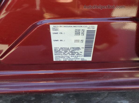 1N4BZ0CP2GC305957 2016 NISSAN LEAF Бордовый Панорамный вид салона 360°