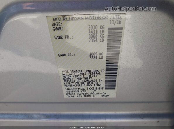 1N4BZ0CP3HC302888 2017 NISSAN LEAF Silver Շարժիչի բաժամունքի տեսք