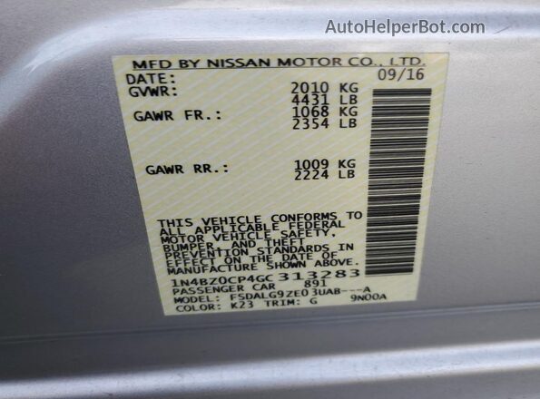 1N4BZ0CP4GC313283 2016 NISSAN LEAF Silver Vista interior de 360 grados