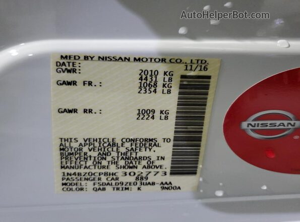 1N4BZ0CP8HC302773 2017 NISSAN LEAF White Engine compartment view