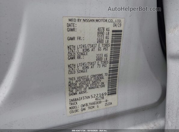 1N6BA1F37KN522169 2019 NISSAN TITAN XD White Engine compartment view