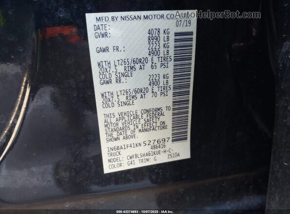 1N6BA1F41KN527697 2019 NISSAN TITAN XD Black Շարժիչի բաժամունքի տեսք