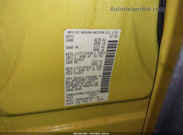 1N6BA1F49GN505079 2016 NISSAN TITAN XD Yellow Widok komory silnika