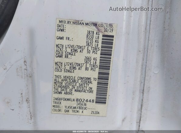 1N6BF0KM4LN802448 2020 NISSAN NV CARGO NV1500 White Вид підкапотного простору