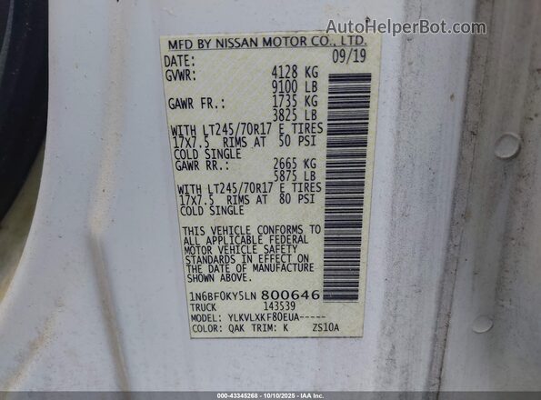 1N6BF0KY5LN800646 2020 NISSAN NV CARGO NV2500 HD White 