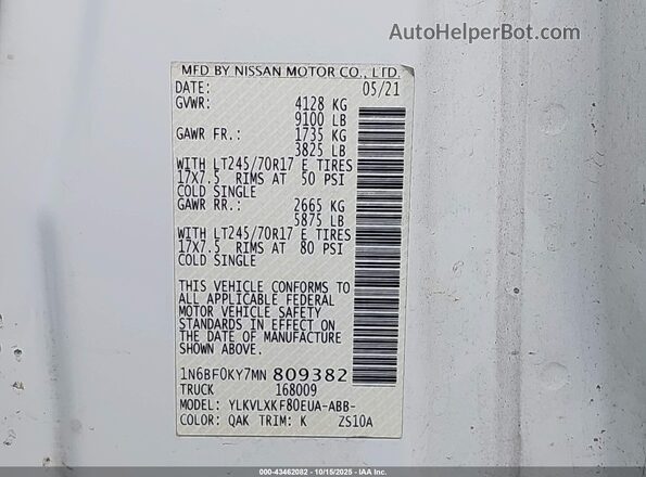 1N6BF0KY7MN809382 2021 NISSAN NV CARGO NV2500 HD White Vista del compartimento del motor