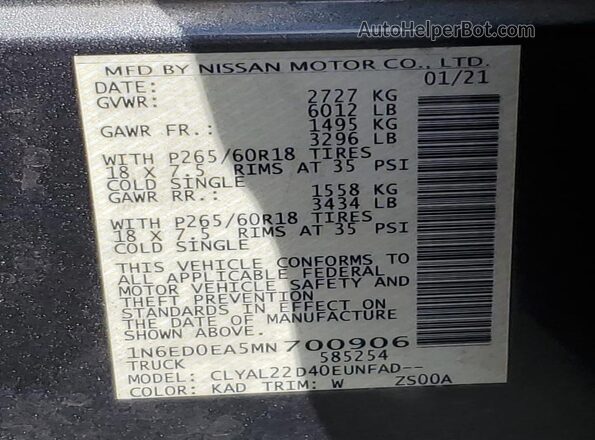 1N6ED0EA5MN700906 2021 NISSAN FRONTIER Charcoal Շարժիչի բաժամունքի տեսք