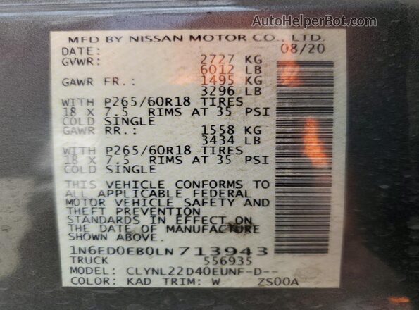 1N6ED0EB0LN713943 2020 NISSAN FRONTIER Gray VIN sticker view