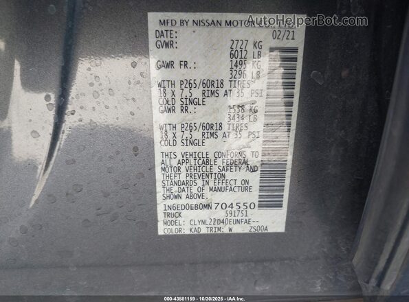 1N6ED0EB0MN704550 2021 NISSAN FRONTIER Gray Engine compartment view