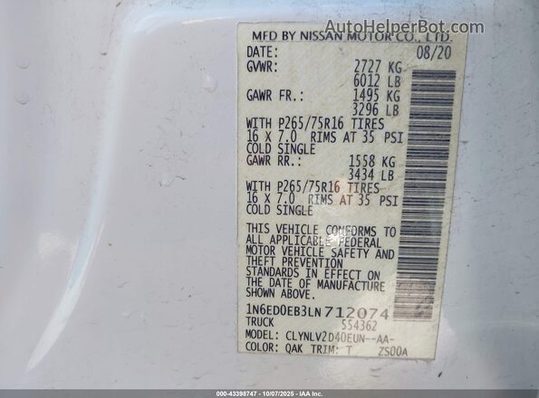 1N6ED0EB3LN712074 2020 NISSAN FRONTIER White Engine compartment view