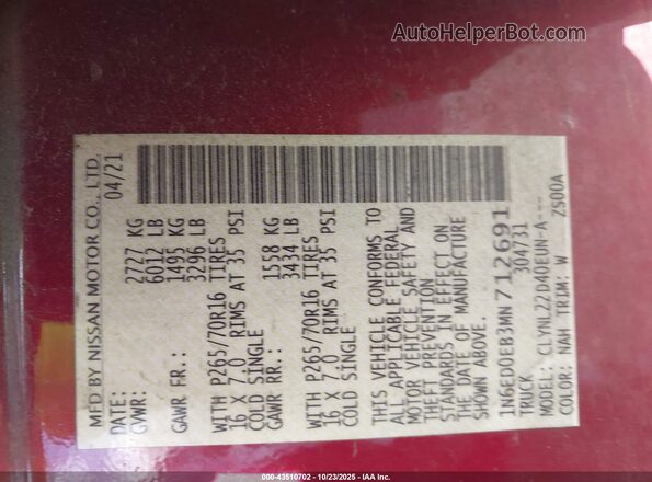 1N6ED0EB3MN712691 2021 NISSAN FRONTIER Red Engine compartment view