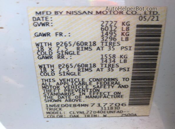 1N6ED0EB4MN717706 2021 NISSAN FRONTIER White 