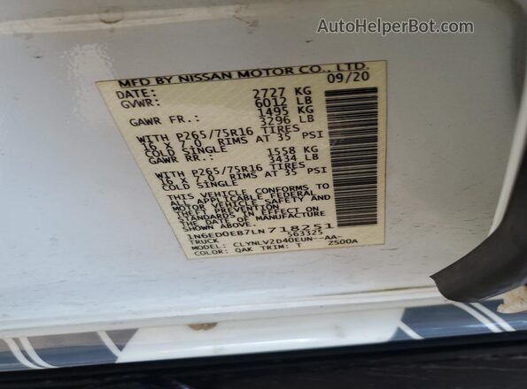1N6ED0EB7LN718251 2020 NISSAN FRONTIER White Engine compartment view