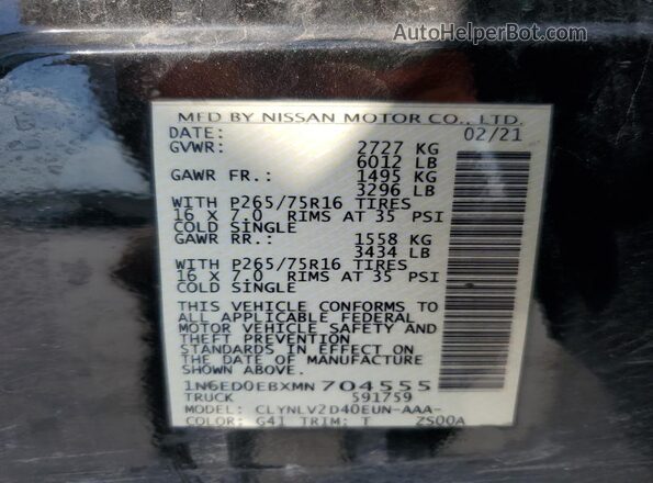 1N6ED0EBXMN704555 2021 NISSAN FRONTIER Black VIN կոդի պիտակի տեսք
