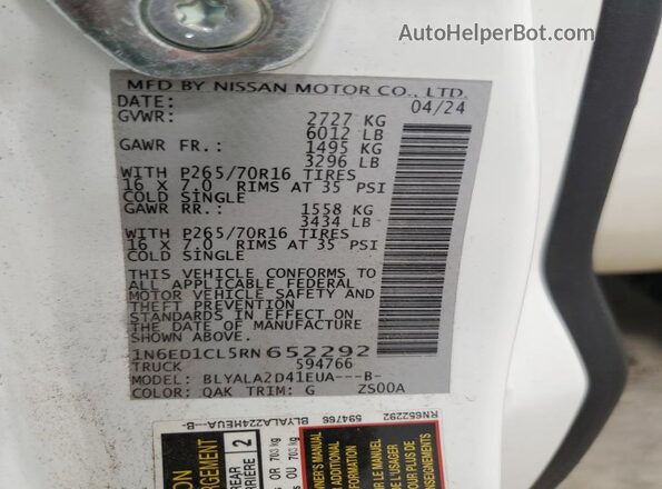 1N6ED1CL5RN652292 2024 NISSAN FRONTIER White Вид підкапотного простору