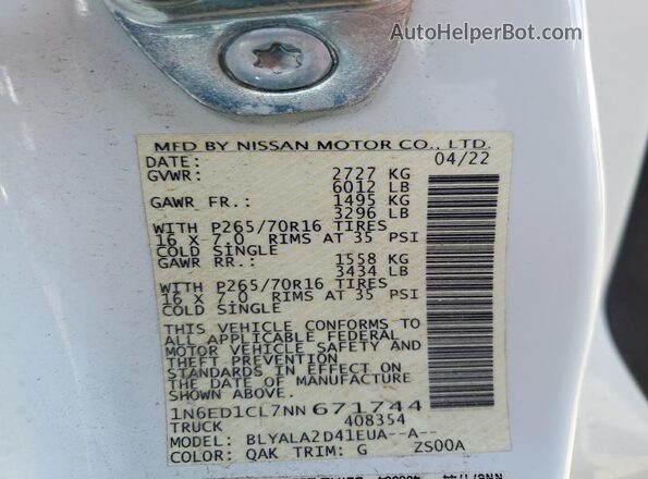 1N6ED1CL7NN671744 2022 NISSAN FRONTIER Белый Вид наклейки с VIN-кодом