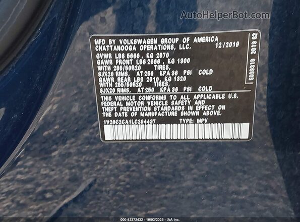 1V26C2CA1LC204437 2020 VOLKSWAGEN ATLAS Black Շարժիչի բաժամունքի տեսք