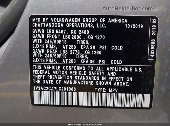 1V2AC2CA7LC201066 2020 VOLKSWAGEN ATLAS Silver ძრავის განყოფილების ხედი