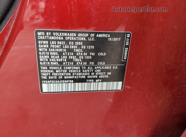 1V2AP2CA9JC536766 2018 VOLKSWAGEN ATLAS Red 