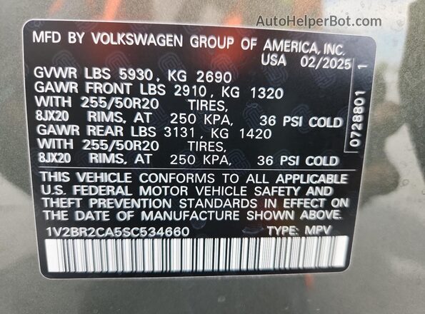 1V2BR2CA5SC534660 2025 VOLKSWAGEN ATLAS Зеленый Вид наклейки с VIN-кодом