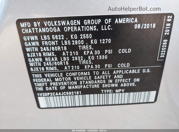1V2DP2CA4JC592191 2018 VOLKSWAGEN ATLAS Silver 