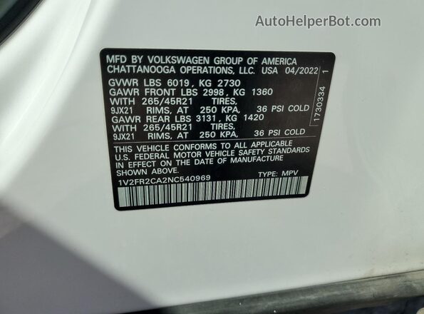 1V2FR2CA2NC540969 2022 VOLKSWAGEN ATLAS White Vista interior de 360 grados