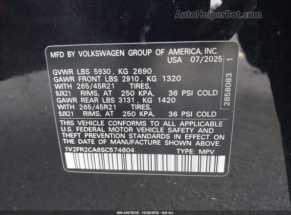 1V2FR2CA6SC574604 2025 VOLKSWAGEN ATLAS Black Engine compartment view