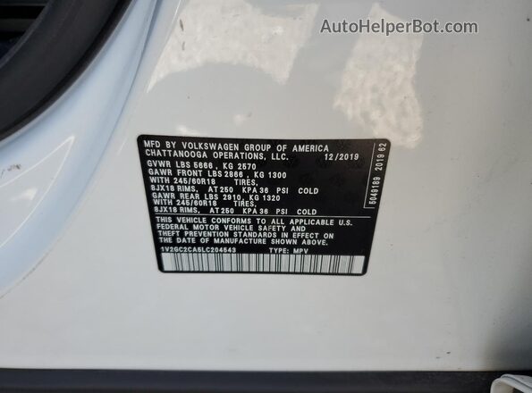 1V2GC2CA5LC204543 2020 VOLKSWAGEN ATLAS White Widok naklejki z numerem VIN