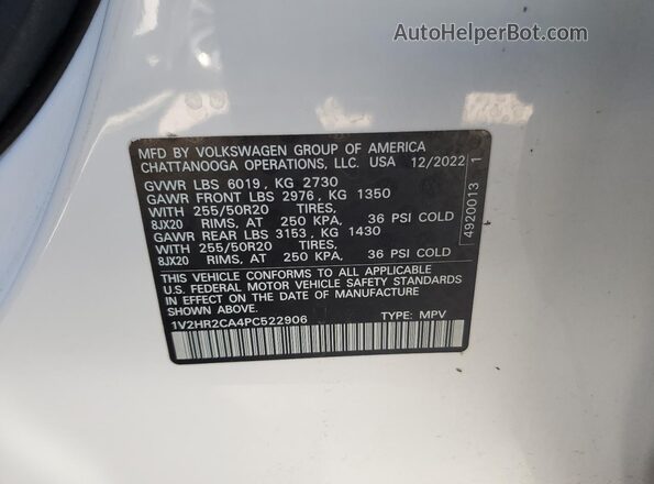 1V2HR2CA4PC522906 2023 VOLKSWAGEN ATLAS Белый Вид наклейки с VIN-кодом