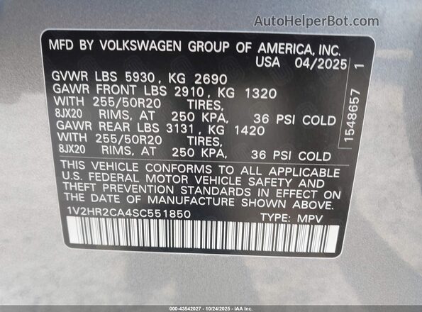 1V2HR2CA4SC551850 2025 VOLKSWAGEN ATLAS Silver Engine compartment view