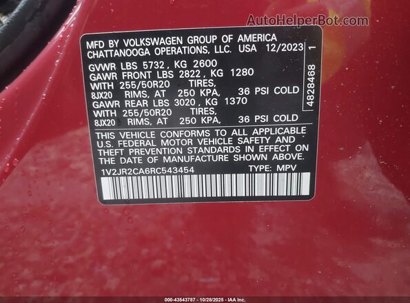 1V2JR2CA6RC543454 2024 VOLKSWAGEN ATLAS Red Вид підкапотного простору