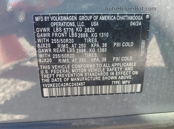 1V2KE2CA2RC243457 2024 VOLKSWAGEN ATLAS Gray Widok naklejki z numerem VIN