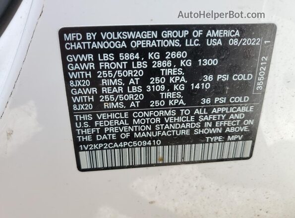 1V2KP2CA4PC509410 2023 VOLKSWAGEN ATLAS White Vista de la etiqueta del VIN