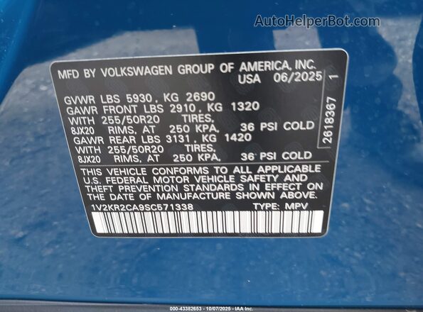 1V2KR2CA9SC571338 2025 VOLKSWAGEN ATLAS Blue 