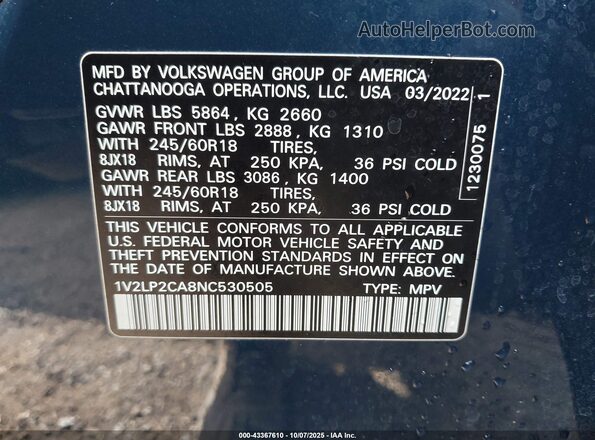 1V2LP2CA8NC530505 2022 VOLKSWAGEN ATLAS Blue Widok komory silnika