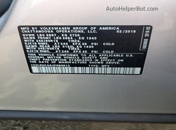 1V2LR2CA6JC560512 2018 VOLKSWAGEN ATLAS Silver 