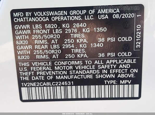 1V2NE2CA8LC224531 2020 VOLKSWAGEN ATLAS White Вид підкапотного простору