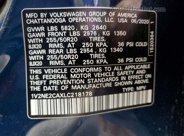 1V2NE2CAXLC218178 2020 VOLKSWAGEN ATLAS Blue Вид наклейки з VIN-кодом