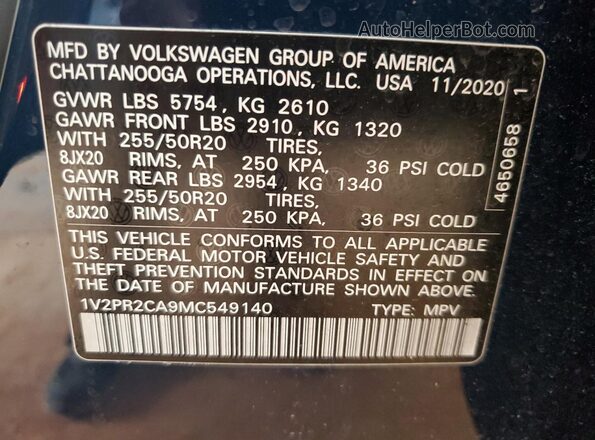 1V2PR2CA9MC549140 2021 VOLKSWAGEN ATLAS Blue VIN კოდის სტიკერის ხედი