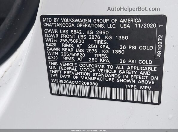 1V2RE2CA0MC208388 2021 VOLKSWAGEN ATLAS Белый Вид подкапотного пространства