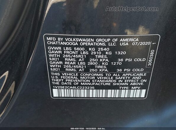 1V2SE2CA6LC223235 2020 VOLKSWAGEN ATLAS Black Շարժիչի բաժամունքի տեսք