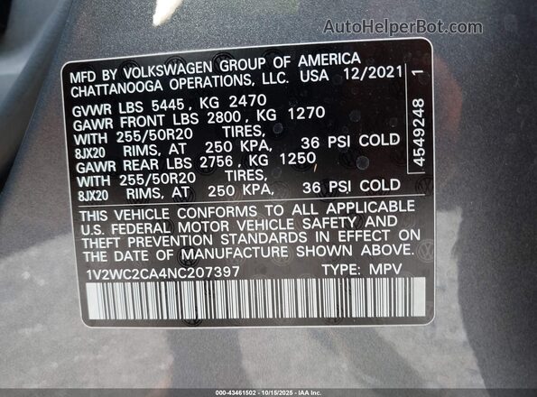 1V2WC2CA4NC207397 2022 VOLKSWAGEN ATLAS Серый Вид подкапотного пространства